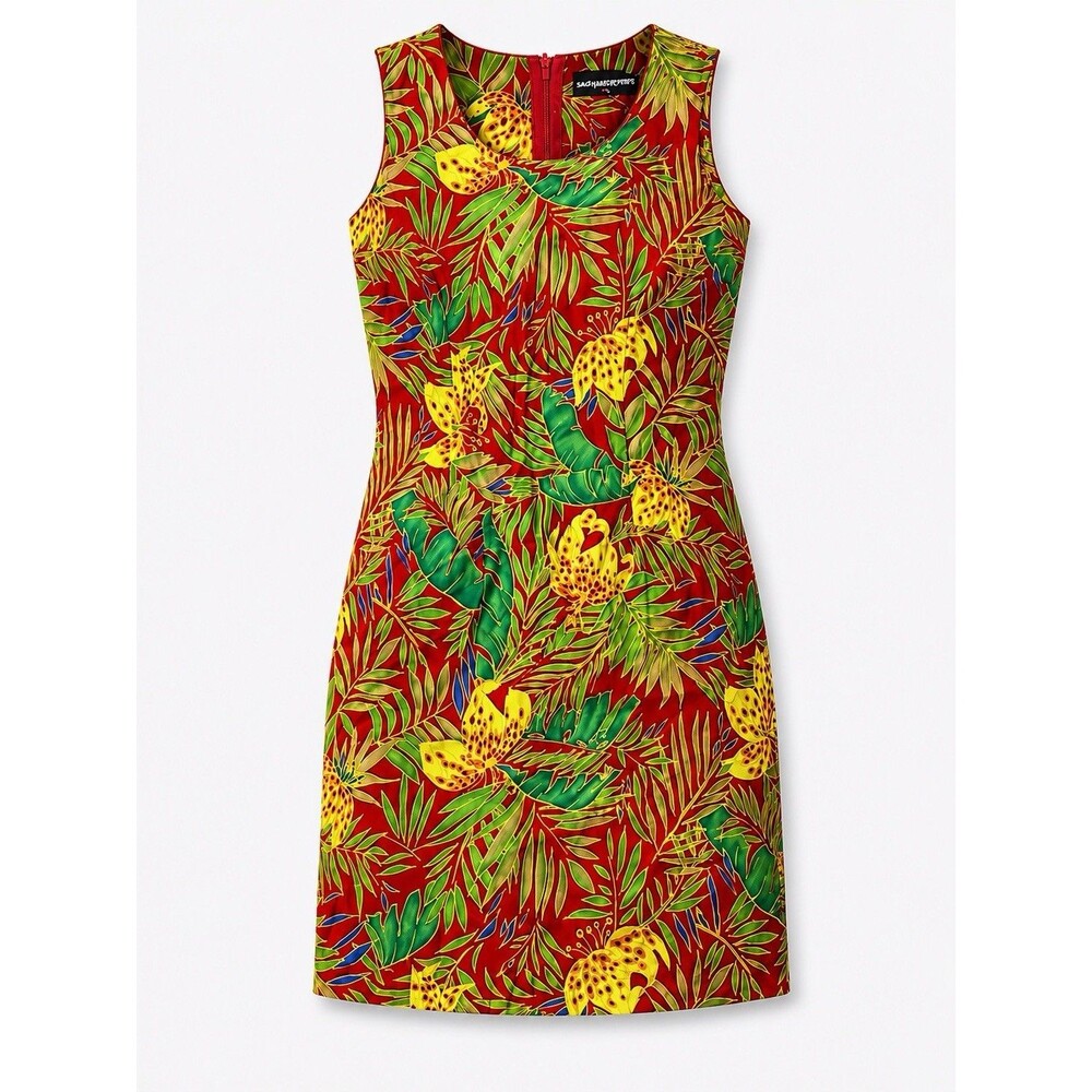 VTG 90 Y2K Sag Harbor Petites Tropical Floral Sheath Dress Red Hawaiian Women 8P